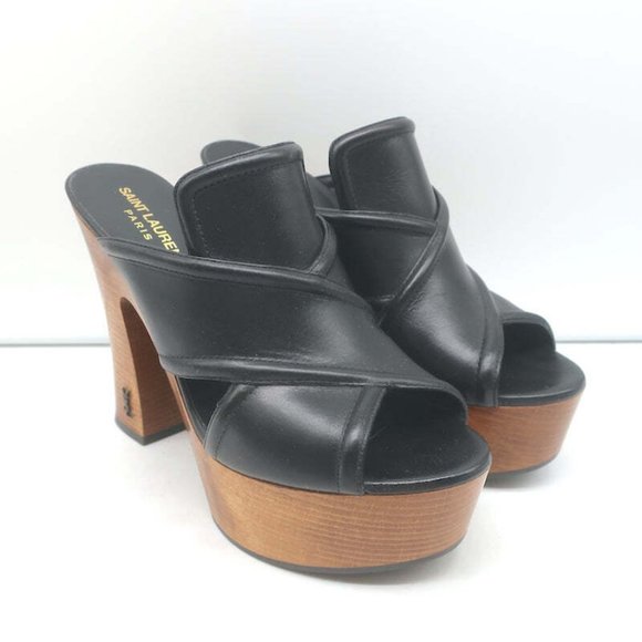 Saint Laurent Crisscross Platform Clog Sandals Black Leather Size 37 - Picture 1 of 11